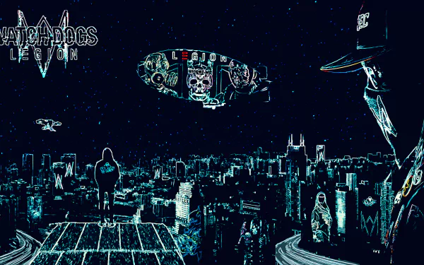 8K Ultra HD PC desktop wallpaper/background for the Watch Dogs: Legion video game — neon-cyan London skyline at night with masked operatives, drones and a propaganda blimp.