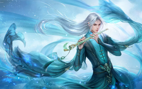 A white-haired oriental sorcerer plays a flute, surrounded by swirling magical blue energy in a fantasy HD desktop wallpaper.