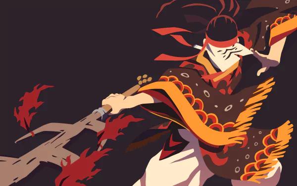 HD vector wallpaper of Tanjiro Kamado from Demon Slayer: Kimetsu no Yaiba. The anime warrior is depicted in dynamic action with a fiery weapon, set against a dark background.