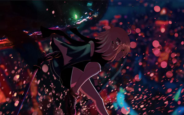 Okita Souji in a yukata wielding a katana under a night sky, surrounded by glowing particles in this HD Fate/Grand Order anime desktop wallpaper.