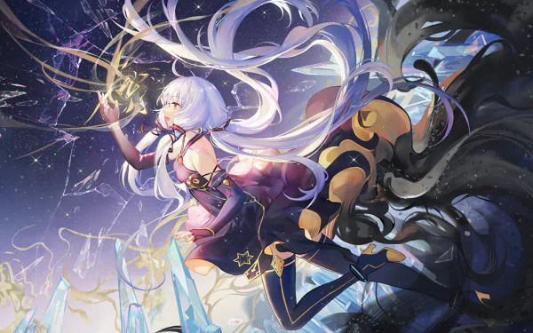 Xingchen from Vocaloid with long white hair and yellow eyes in a detailed dress, set against a vibrant anime-style night sky, HD desktop wallpaper.