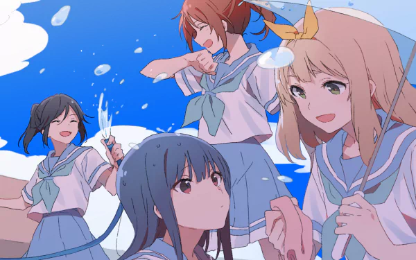 Yuuko Yoshikawa Mizore Yoroizuka Natsuki Nakagawa Nozomi Kasaki umbrella school uniform red hair black hair long hair blonde green eyes red eyes Anime Sound! Euphonium HD Desktop Wallpaper | Background Image