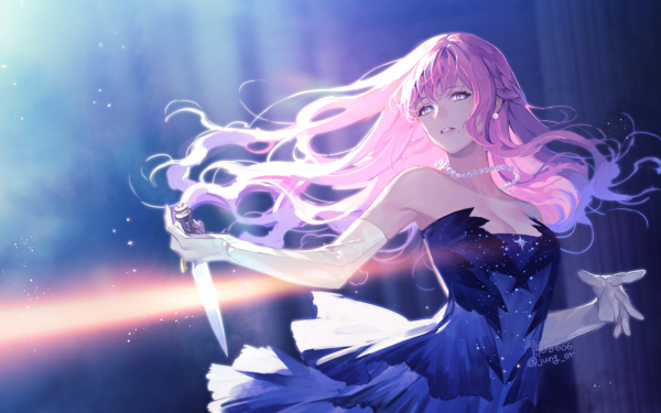 Anime Original Pink Hair Long Hair Dress Knife Purple Eyes HD Wallpaper | Background Image