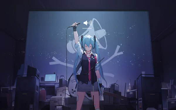 Anime-style HD wallpaper featuring Hatsune Miku with long blue hair, holding a microphone in a school uniform, surrounded by speakers in a dark, tech-filled room.