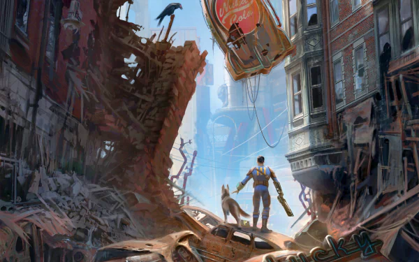 Concept art from Fallout 4 showing a lone figure and dog standing amid post-apocalyptic ruins, used as an HD PC desktop wallpaper and background.