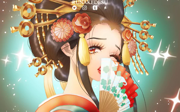 HD anime desktop wallpaper featuring Komurasaki from One Piece, showcasing her detailed traditional attire and elegant fan against a sparkling background.