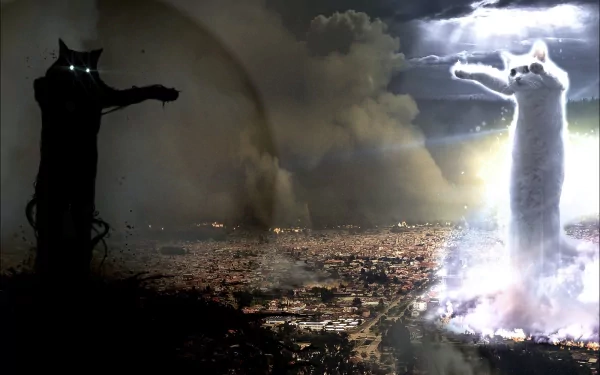 HD desktop wallpaper featuring a dramatic meme scene with a glowing longcat and a dark cat facing off over a stormy cityscape.