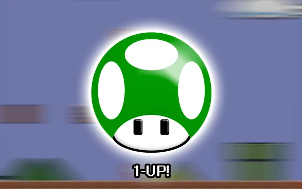 A vibrant HD wallpaper featuring the iconic green 1-Up Mushroom from the Super Mario video game series, set against a colorful, dynamic background.