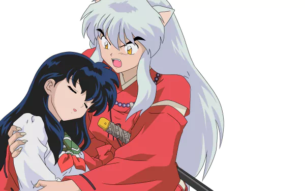 Kagome Higurashi and InuYasha embrace in an anime HD PC desktop wallpaper/background, Kagome asleep in his arms while InuYasha looks protective with his sword.