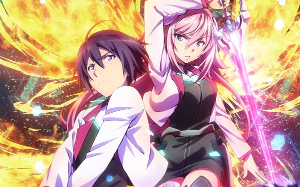 Anime HD PC desktop wallpaper featuring characters from The Asterisk War: The Academy City on the Water with vibrant fiery and magical effects in the background.