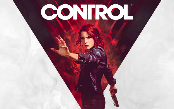 Control (video game) 2K Quad HD PC desktop wallpaper: red‑haired female protagonist in leather jacket reaches forward with telekinetic energy, pistol in her other hand.