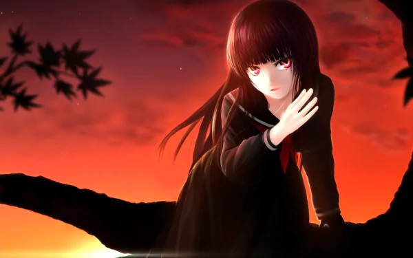 Yuuko Kanoe from Tasogare Otome x Amnesia sits on a tree branch against a crimson sunset, dark school uniform and glowing red eyes — HD PC anime desktop wallpaper background.