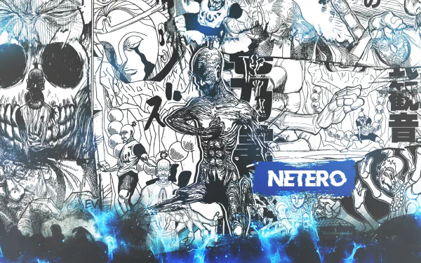 HD PC desktop wallpaper featuring Isaac Netero from Hunter x Hunter in a dynamic, black-and-white anime collage with blue accents.
