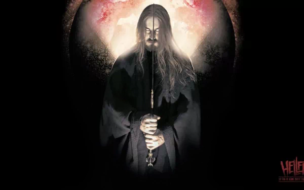 A haunting figure shrouded in darkness holds a candle, set against a vibrant backdrop. An evocative HD wallpaper celebrating the energy of Hellfest and heavy metal music.