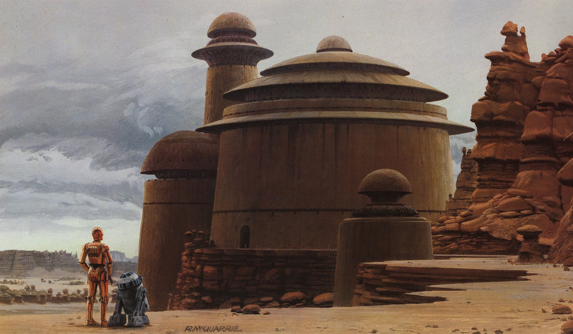 HD PC desktop wallpaper featuring R2-D2 and C-3PO standing outside a domed building on the desert planet Tatooine from Star Wars, capturing a classic sci-fi scene.
