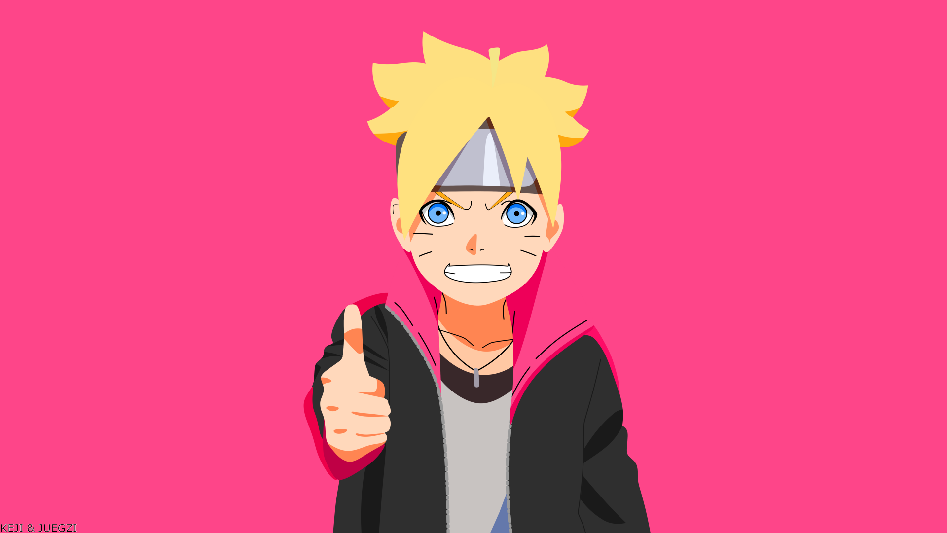 Minimalist HD desktop wallpaper featuring Boruto Uzumaki with blue eyes and a confident smile against a bright pink background.