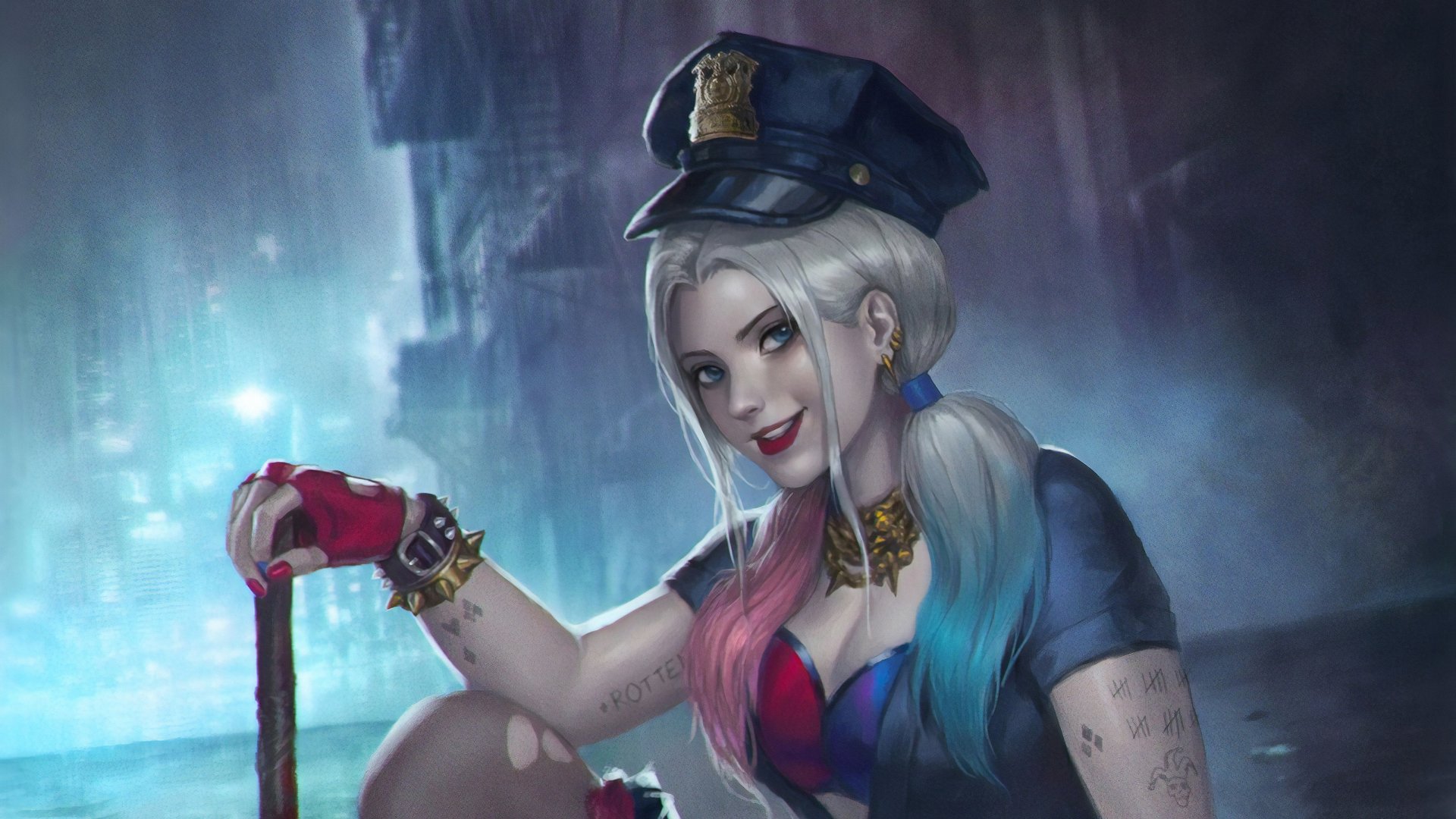 Download White Hair Police Blue Eyes DC Comics Comic Harley Quinn 4k