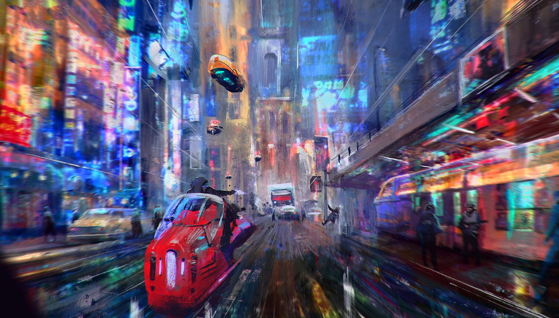 Futuristic cyberpunk cityscape with sleek, hovering vehicles navigating a vibrant, neon-lit street in a sci-fi metropolis, captured in high-definition detail.