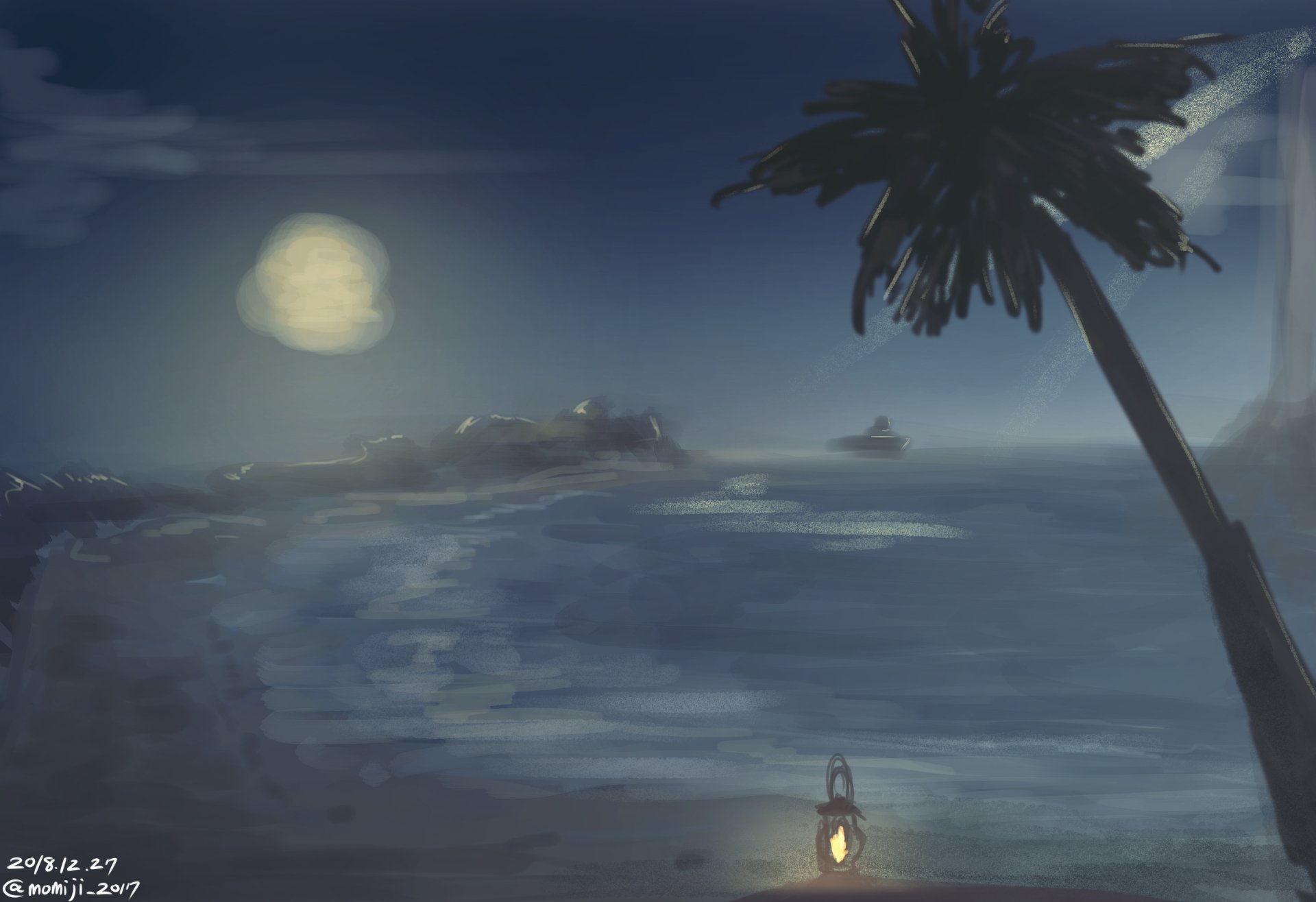 Anime-style HD desktop wallpaper depicting a serene beach scene at night with a ship on the water and a palm tree silhouetted under the moonlight.