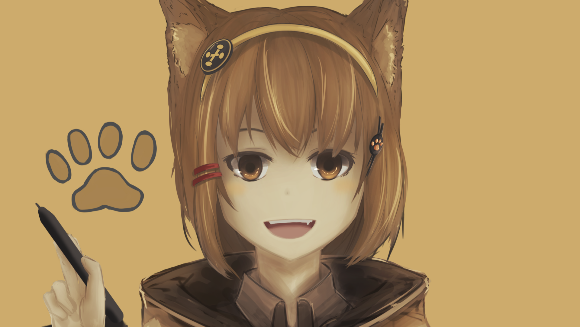 Anime original: brown-haired, brown-eyed character with animal ears, smiling against a warm backdrop — HD PC desktop wallpaper.