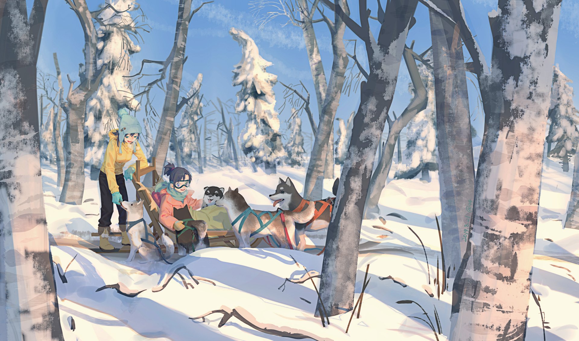 HD wallpaper featuring an anime scene of people and dogs in a snowy forest, capturing the essence of winter.