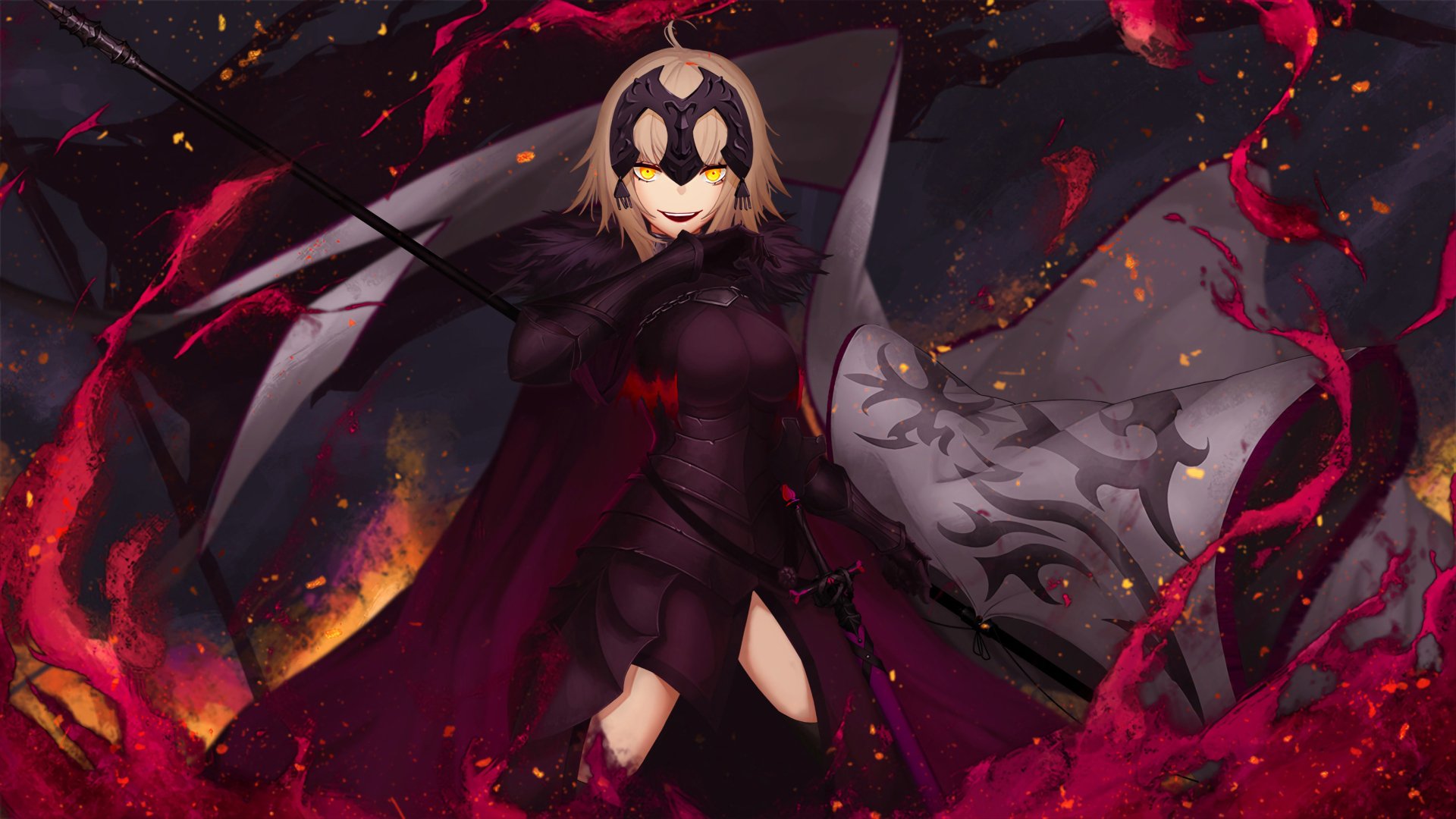 HD anime wallpaper of Jeanne d'Arc Alter from Fate/Grand Order, a woman warrior with short hair, yellow eyes, and a sword, set against a dark, fiery background.