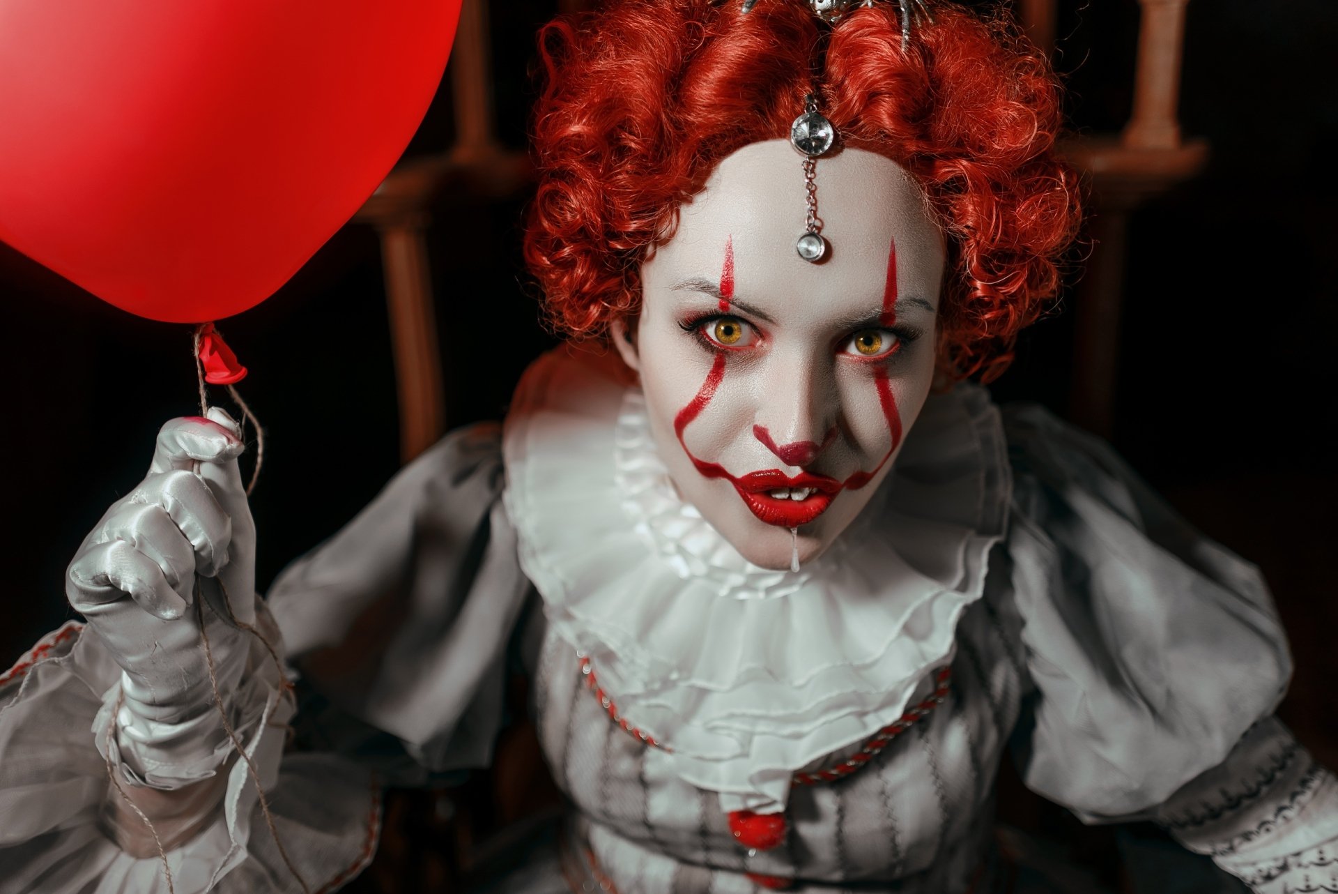 Download Lipstick Red Hair Pennywise (It) Clown Woman Cosplay HD Wallpaper