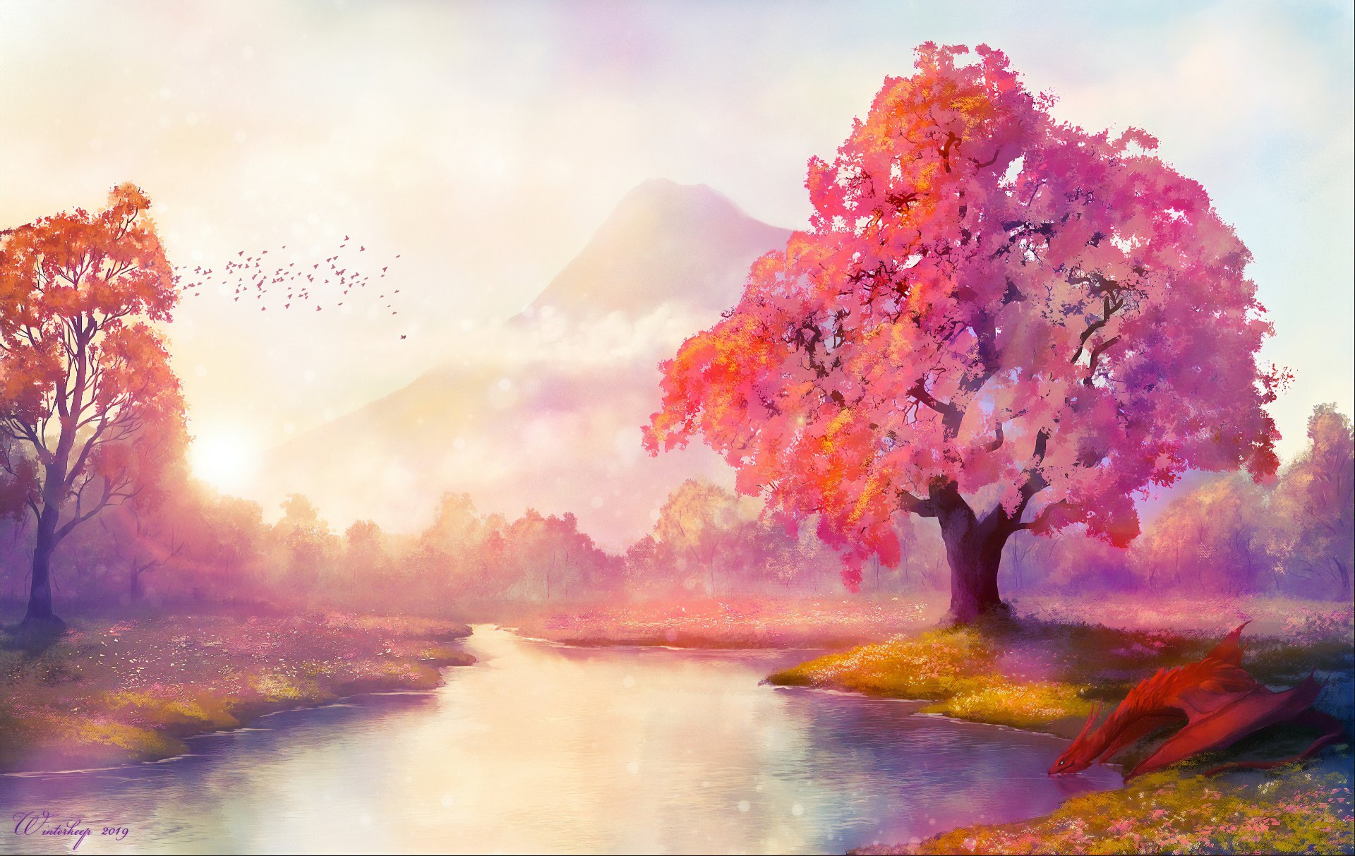 A vibrant fantasy scene featuring a glowing tree with pink leaves beside a peaceful river, set against misty mountains in 4K Ultra HD quality.