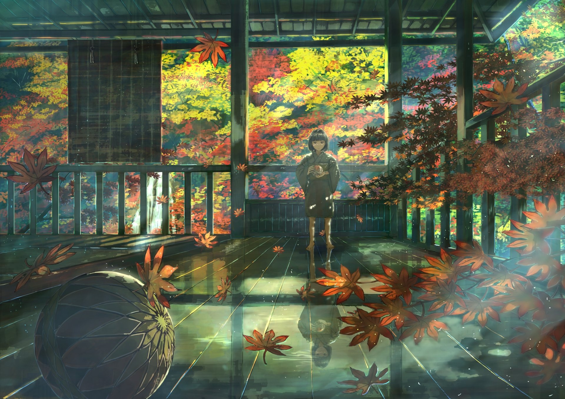 Anime girl in a kimono stands in a sunlit room surrounded by vibrant autumn leaves and reflective surfaces, captured in a detailed 4K Ultra HD fall-themed wallpaper.