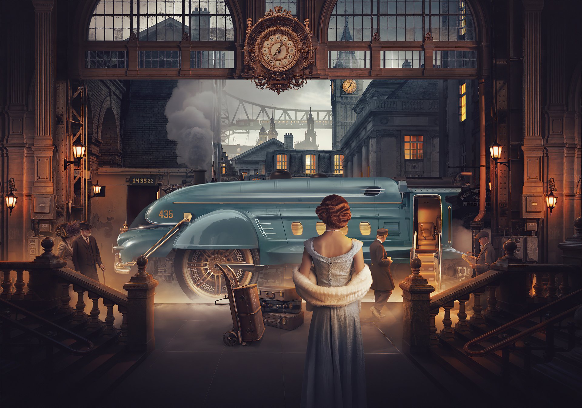 A detailed 4K Ultra HD sci-fi steampunk vehicle inside a vintage industrial setting, with a woman in period attire and atmospheric lighting.