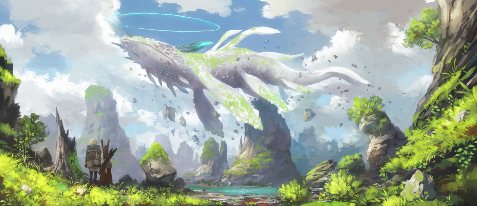 HD anime-style desktop wallpaper featuring an original creature soaring above a vibrant, lush landscape with floating rocks and bright skies.
