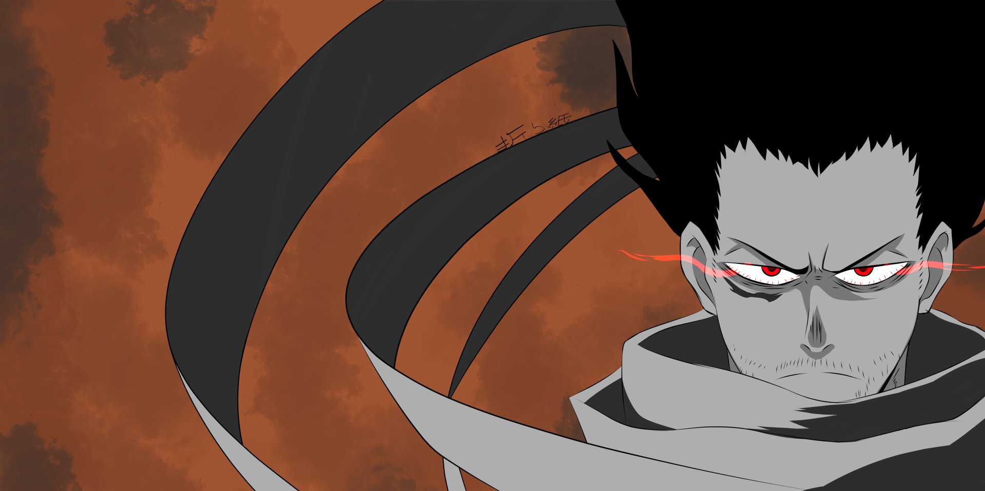 Anime-style My Hero Academia character with intense red eyes and flowing scarf, set against a dramatic orange sky in stunning 8K Ultra HD detail.