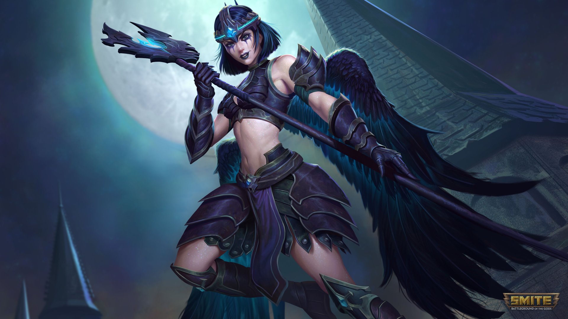 Nike from the video game Smite, depicted with dark wings and armor, set against a moonlit background in 4K Ultra HD PC desktop wallpaper quality.