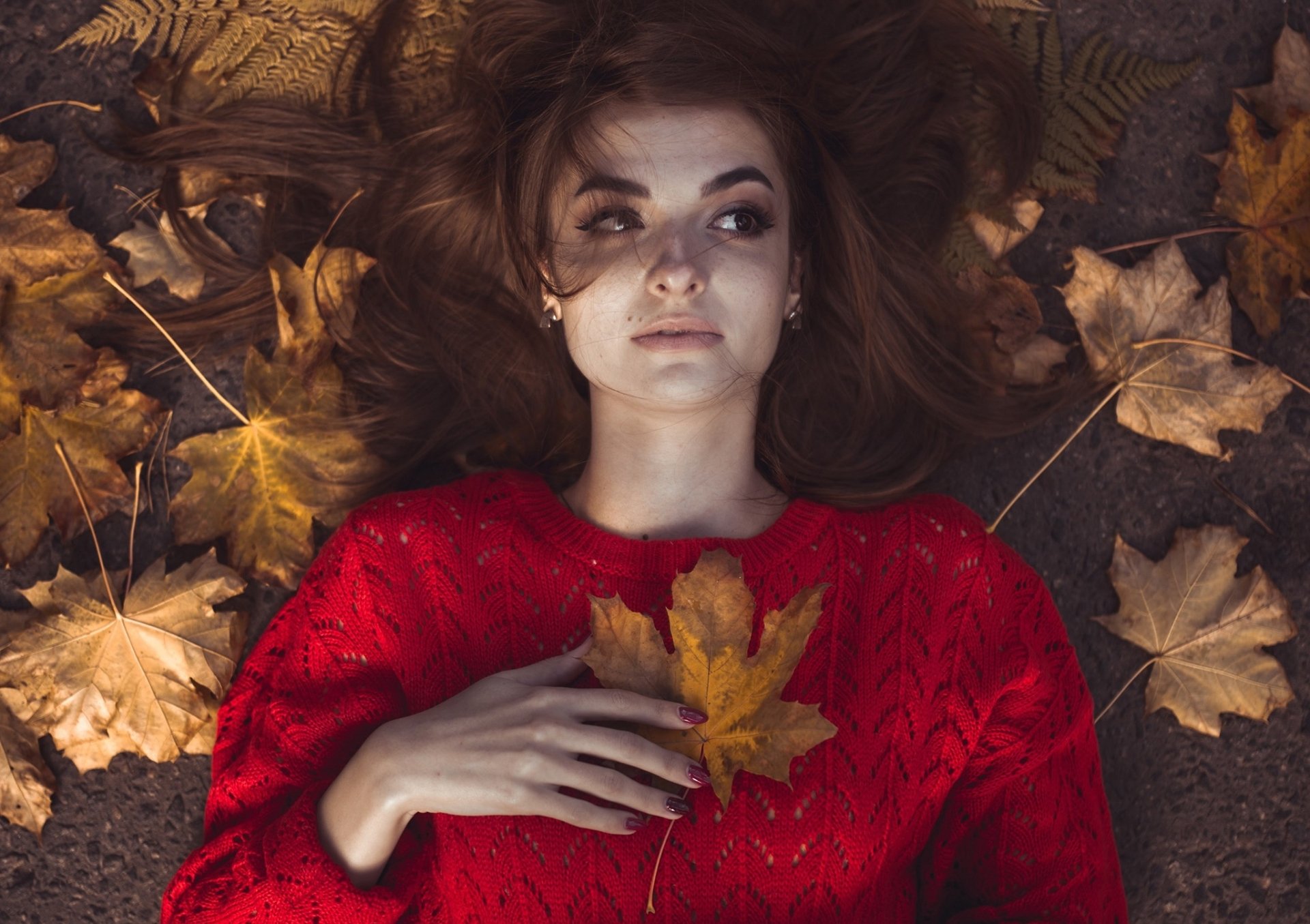 Download Lying Down Brunette Fall Woman Model HD Wallpaper by Vadim Sadovski