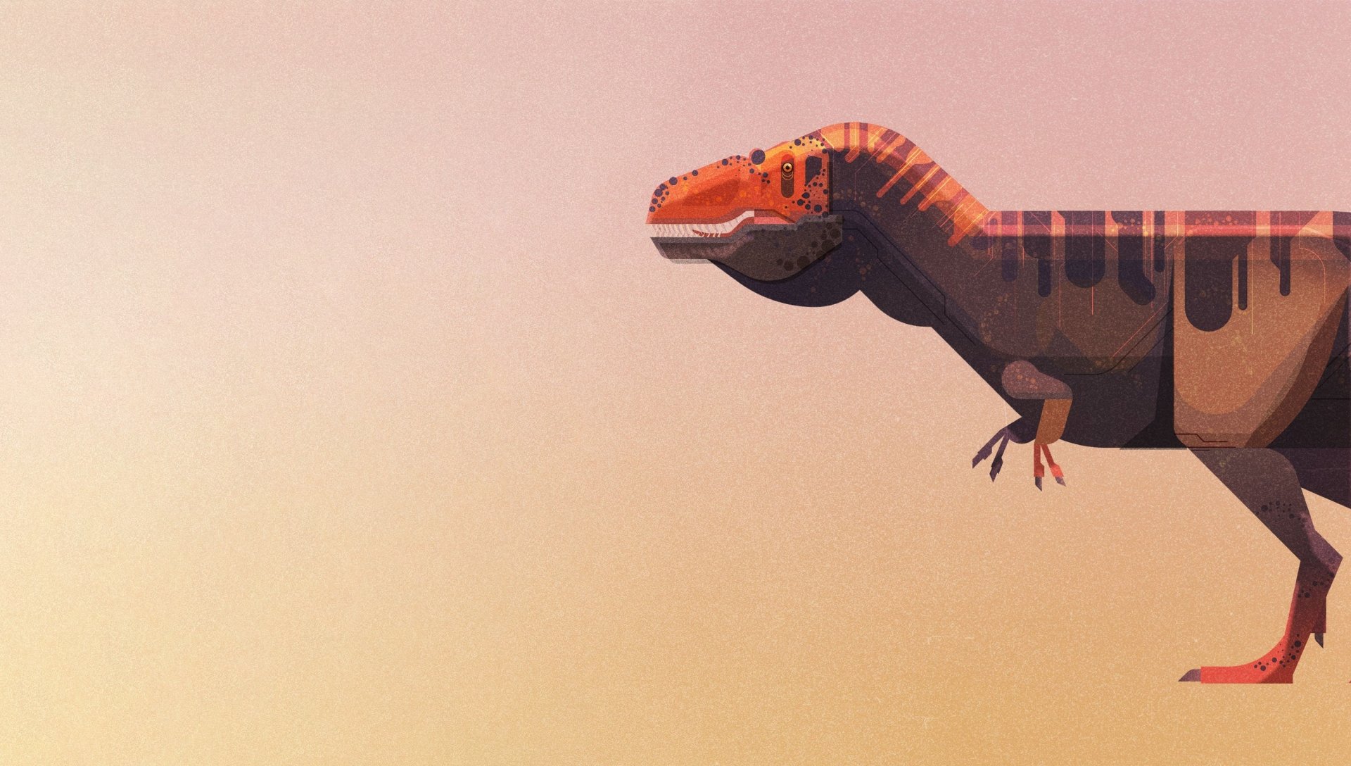 Minimalist HD PC desktop wallpaper featuring a stylized dinosaur with orange and brown tones against a soft, gradient background.