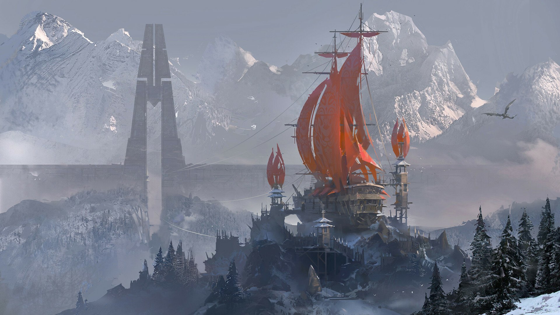 A fantasy landscape featuring a ship with red sails perched among snowy mountains, surrounded by mist and towering evergreen trees, rendered in HD for a PC desktop wallpaper.