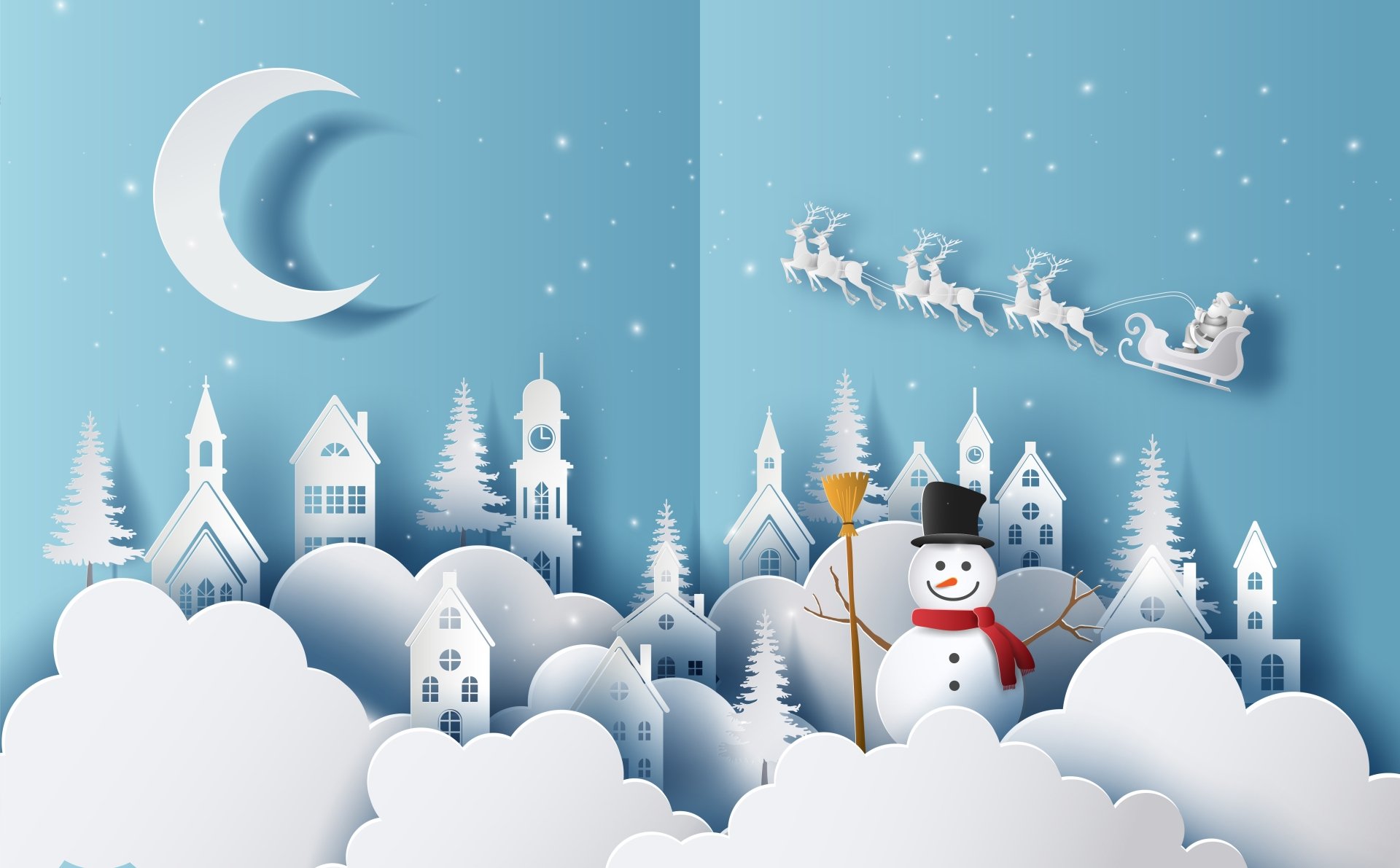 White Christmas town scene with snow-covered houses and trees, smiling snowman in foreground, Santa's sleigh and reindeer under a crescent moon — winter holiday 5K Ultra HD PC desktop wallpaper.