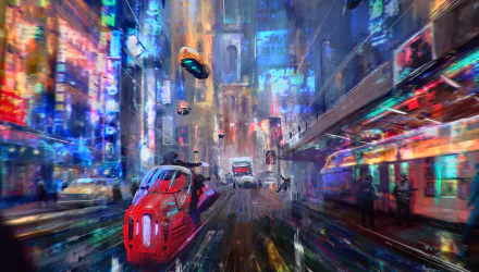 Futuristic cyberpunk cityscape with sleek, hovering vehicles navigating a vibrant, neon-lit street in a sci-fi metropolis, captured in high-definition detail.