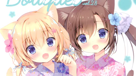 HD anime desktop wallpaper featuring two original characters with animal ears, one blonde and one with brown hair, both wearing floral yukatas and purple eyes.