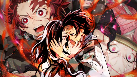 HD PC desktop wallpaper featuring Nezuko Kamado and Tanjiro Kamado from the anime Demon Slayer: Kimetsu no Yaiba in an intense, emotional scene.