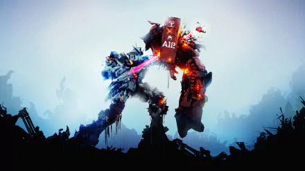 2K Quad HD PC desktop wallpaper and background: anime-style Gundam robot clash — two towering mechs locked in a fiery, high-tech battle over a misty blue battlefield.