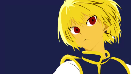 HD PC desktop wallpaper featuring Kurapika from the anime Hunter × Hunter with striking red eyes and blond hair against a dark blue background.