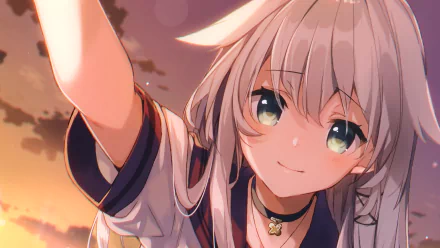 Anime-style character with white hair and aqua eyes bathed in warm sunset light, set against a vibrant orange sky, designed as an HD PC desktop wallpaper background.