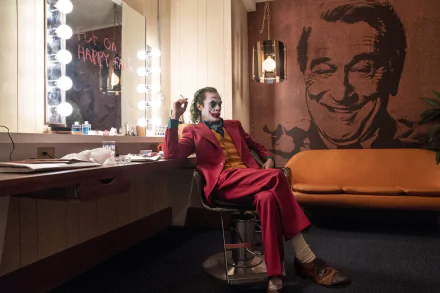Joaquin Phoenix as Joker in a DC Comics movie, seated in a dressing room, featured in a 4K Ultra HD PC desktop wallpaper and background.