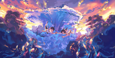 A vibrant HD wallpaper featuring Hodaka Morishima and Hina Amano from Weathering with You, depicted in a dynamic and colorful anime-style sky, surrounded by lush clouds and radiant light.