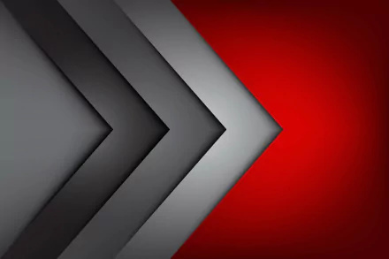 Abstract minimalist HD desktop wallpaper featuring layered geometric arrows in shades of gray pointing right against a bold red background.