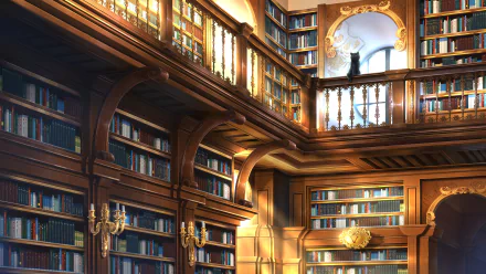 Cozy anime-style library filled with books, featuring an anime cat perched on a sunlit balcony, rendered in 4K Ultra HD for a PC desktop background.