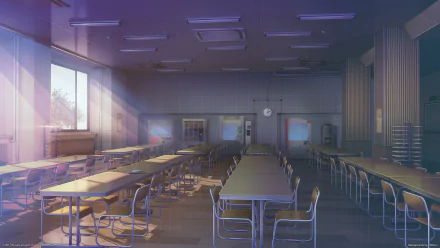 HD Anime classroom wallpaper featuring empty chairs and tables with sunlight streaming through the windows.