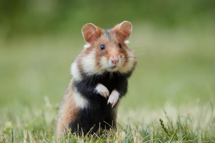 HD desktop wallpaper featuring a close-up of a hamster rodent standing on grass with a blurred green background.