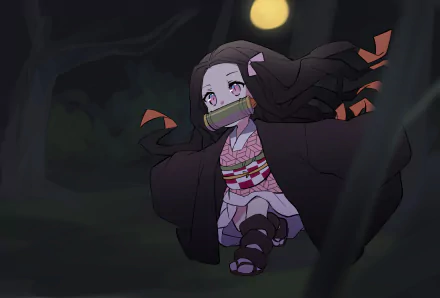 HD desktop wallpaper featuring Nezuko Kamado from Demon Slayer: Kimetsu no Yaiba in a dark forest setting.